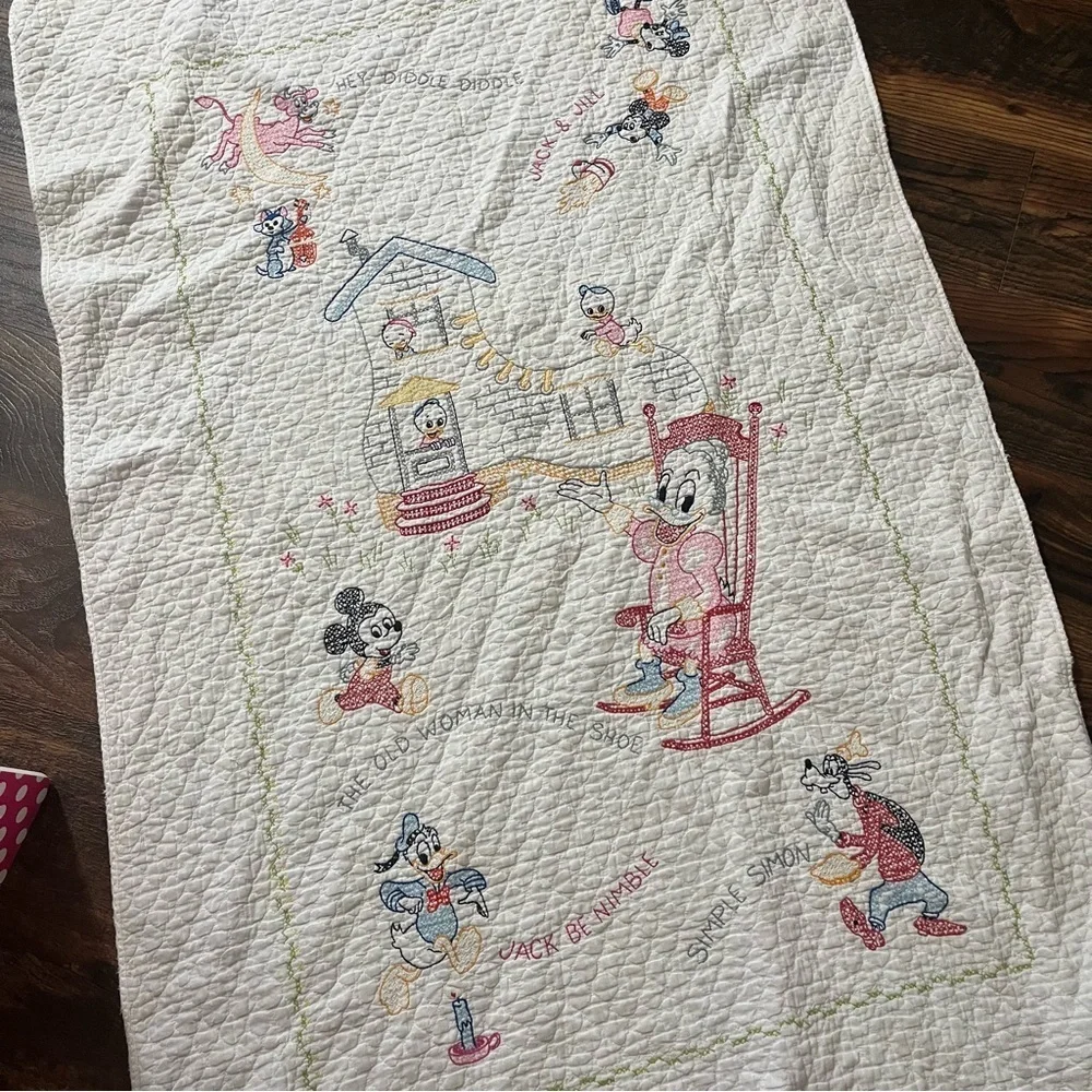 Handmade Cross Stitch Nursery Rhyme Baby Throw Blanket Mickey Mouse 53x33
